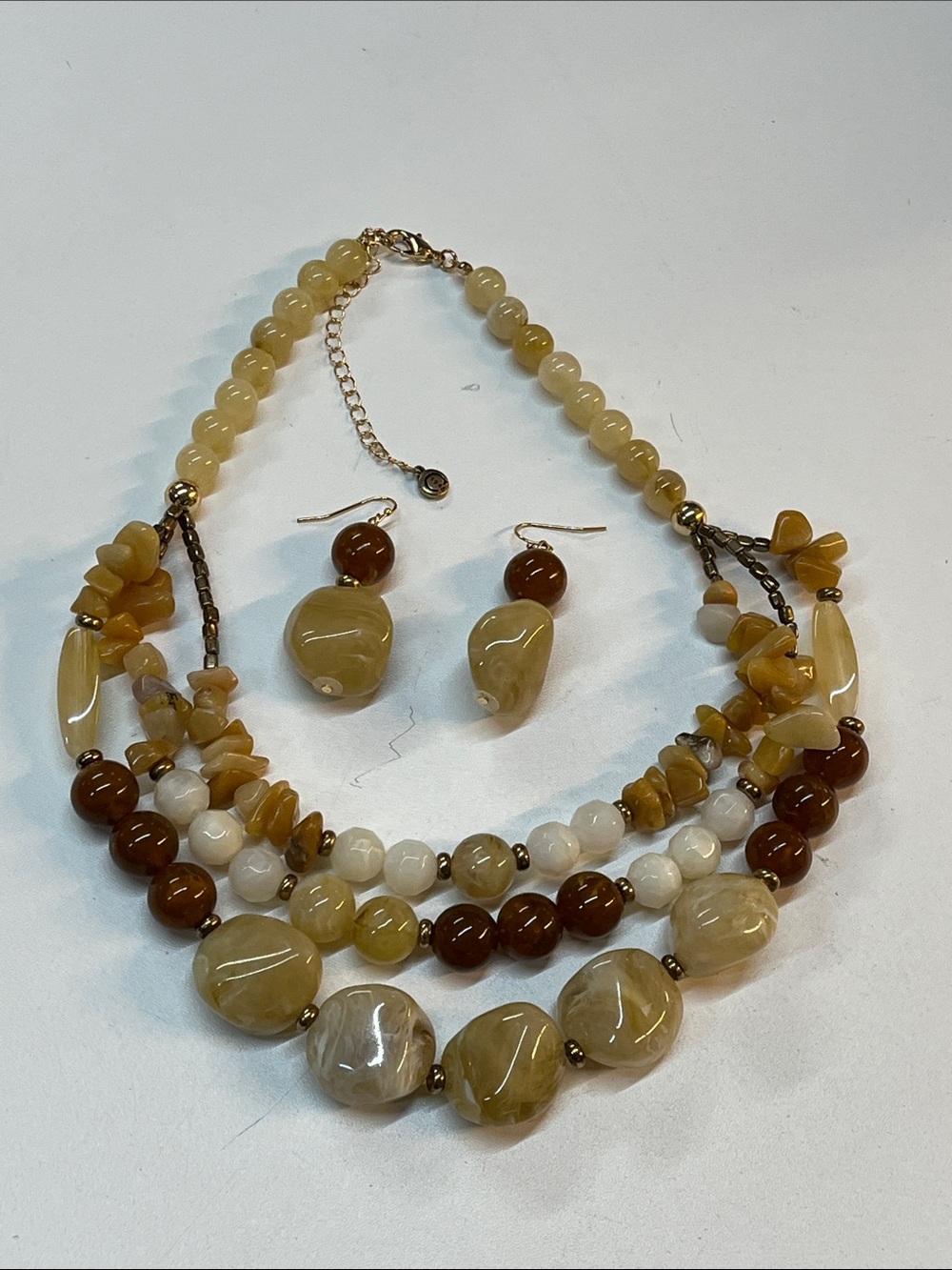 C 1946 Brand Warm-Tone Multi-Strand Beaded Necklace and Earring Set - Yellow